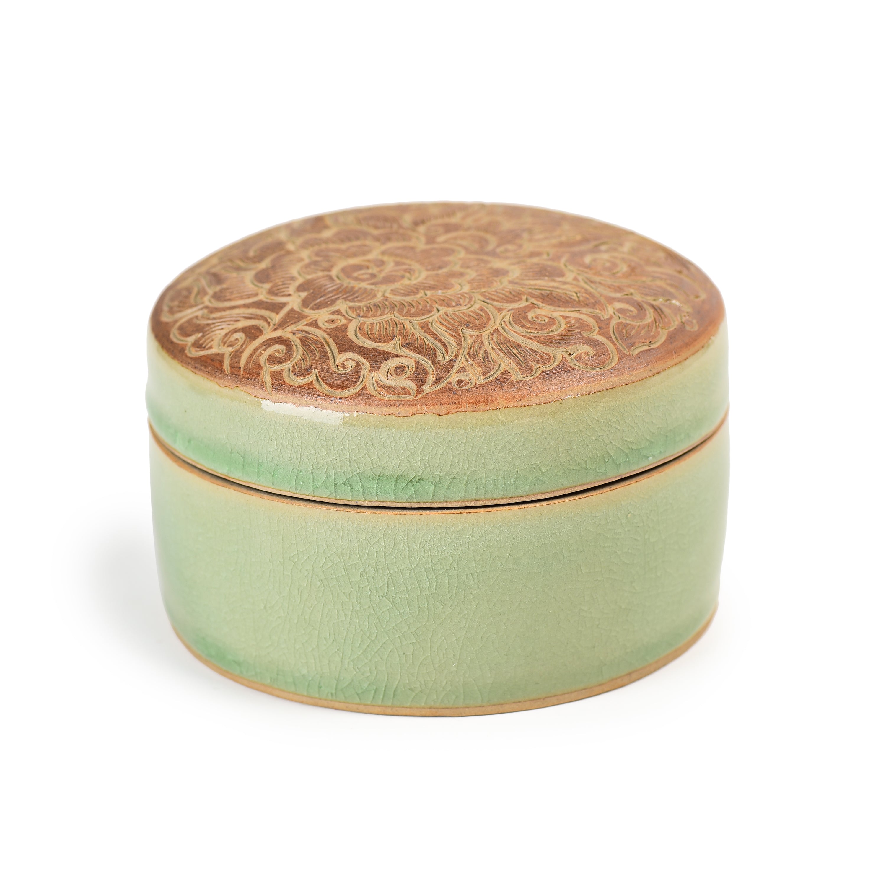 Celadon Carved Brown Pudtan Flower Design Jewellery Box Celadon Carved Brown Pudtan Flower Design Jewellery Box