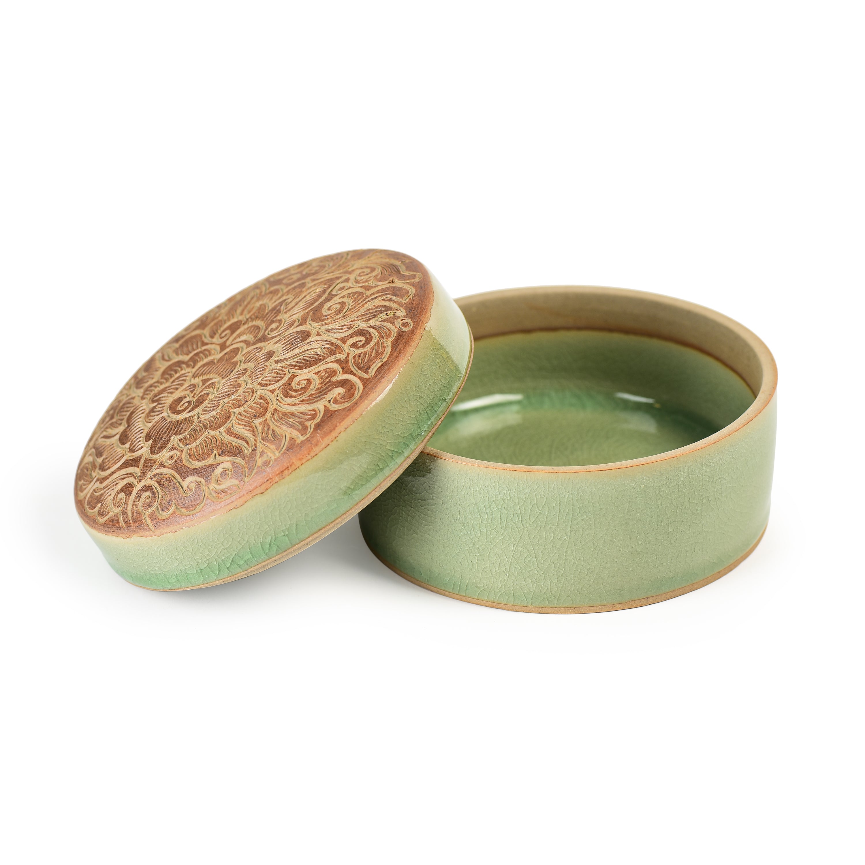 Celadon Carved Brown Pudtan Flower Design Jewellery Box Celadon Carved Brown Pudtan Flower Design Jewellery Box