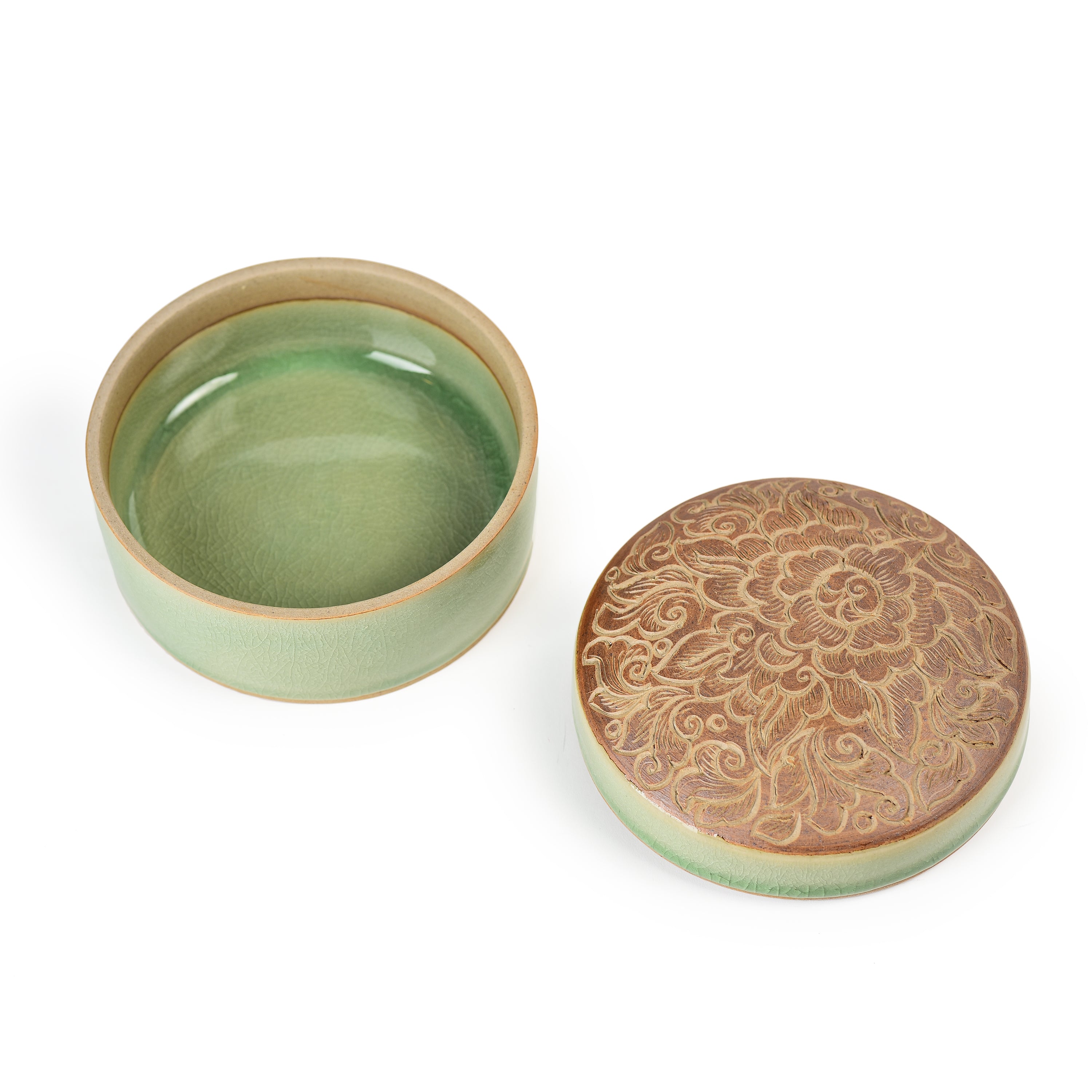 Celadon Carved Brown Pudtan Flower Design Jewellery Box Celadon Carved Brown Pudtan Flower Design Jewellery Box