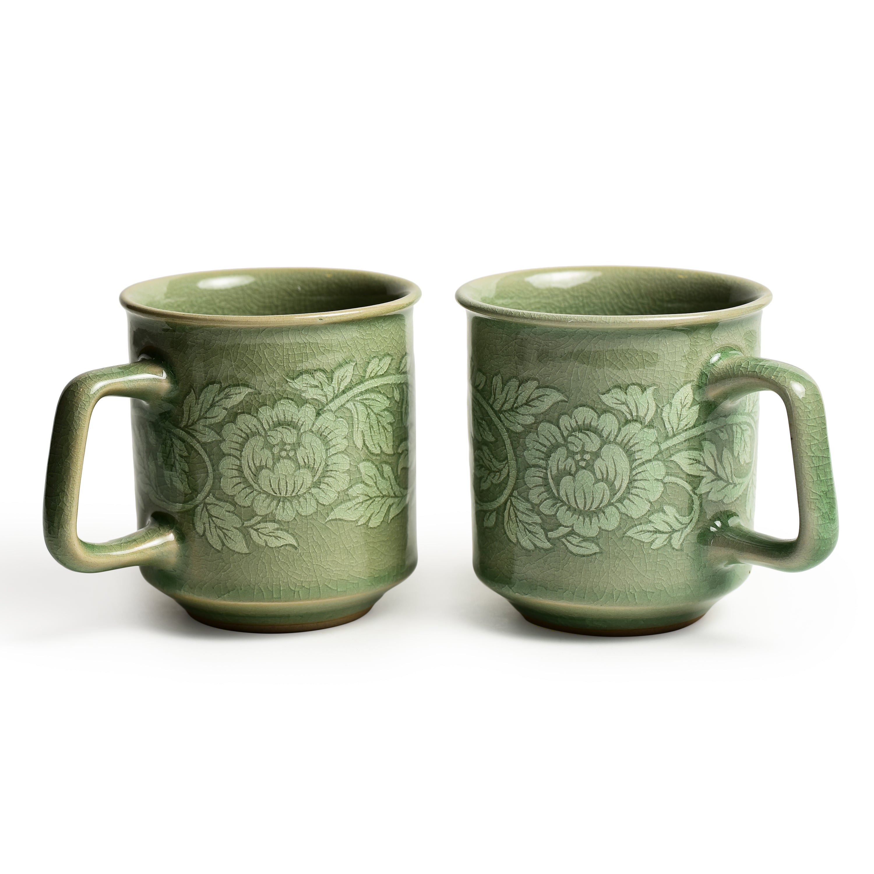 Celadon Botan Flower Design Set of Two Coffee Mugs Celadon Botan Flower Design Set of Two Coffee Mugs