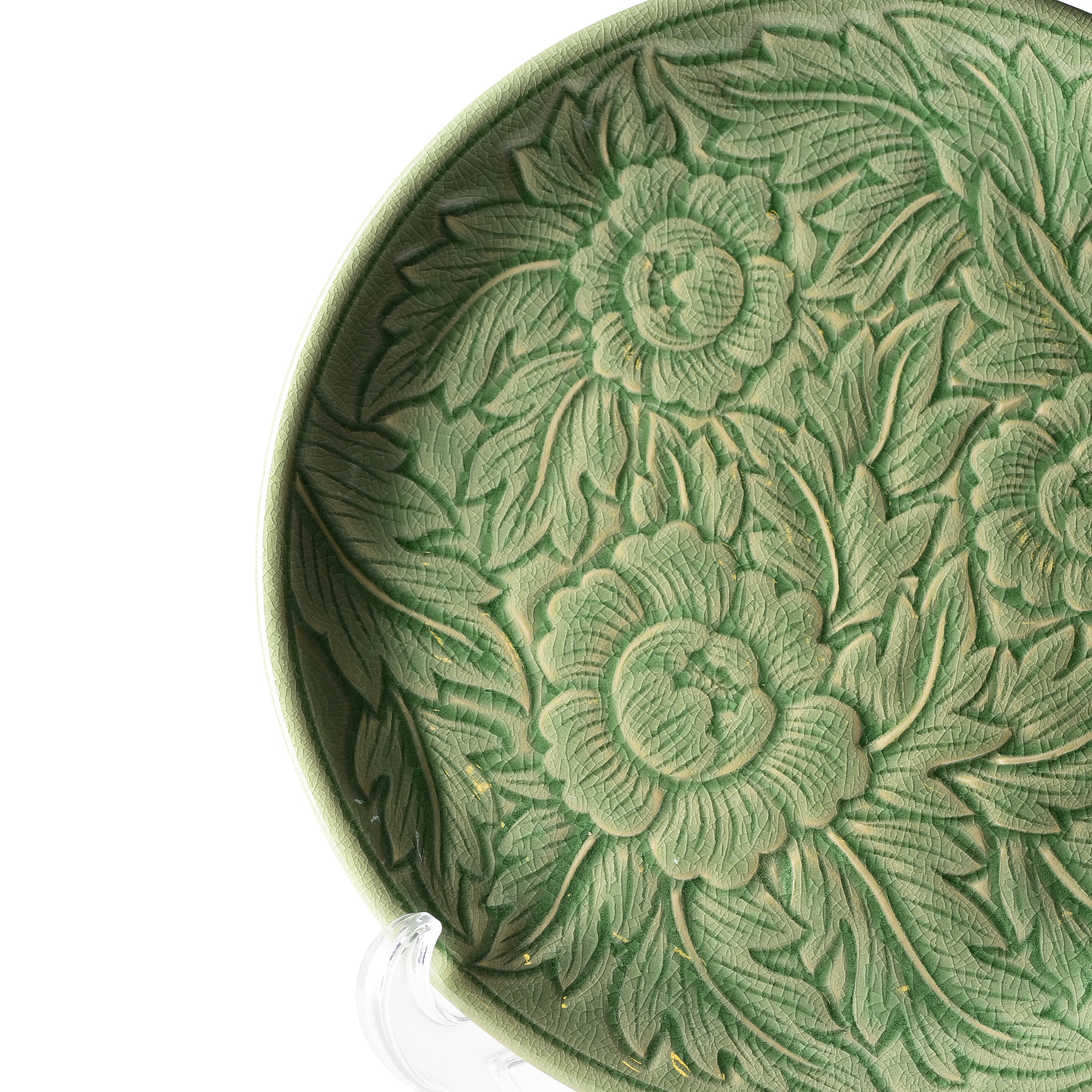 Celadon Carved Botan Flower Design Display Plate Celadon Carved Botan Flower Design Display Plate
