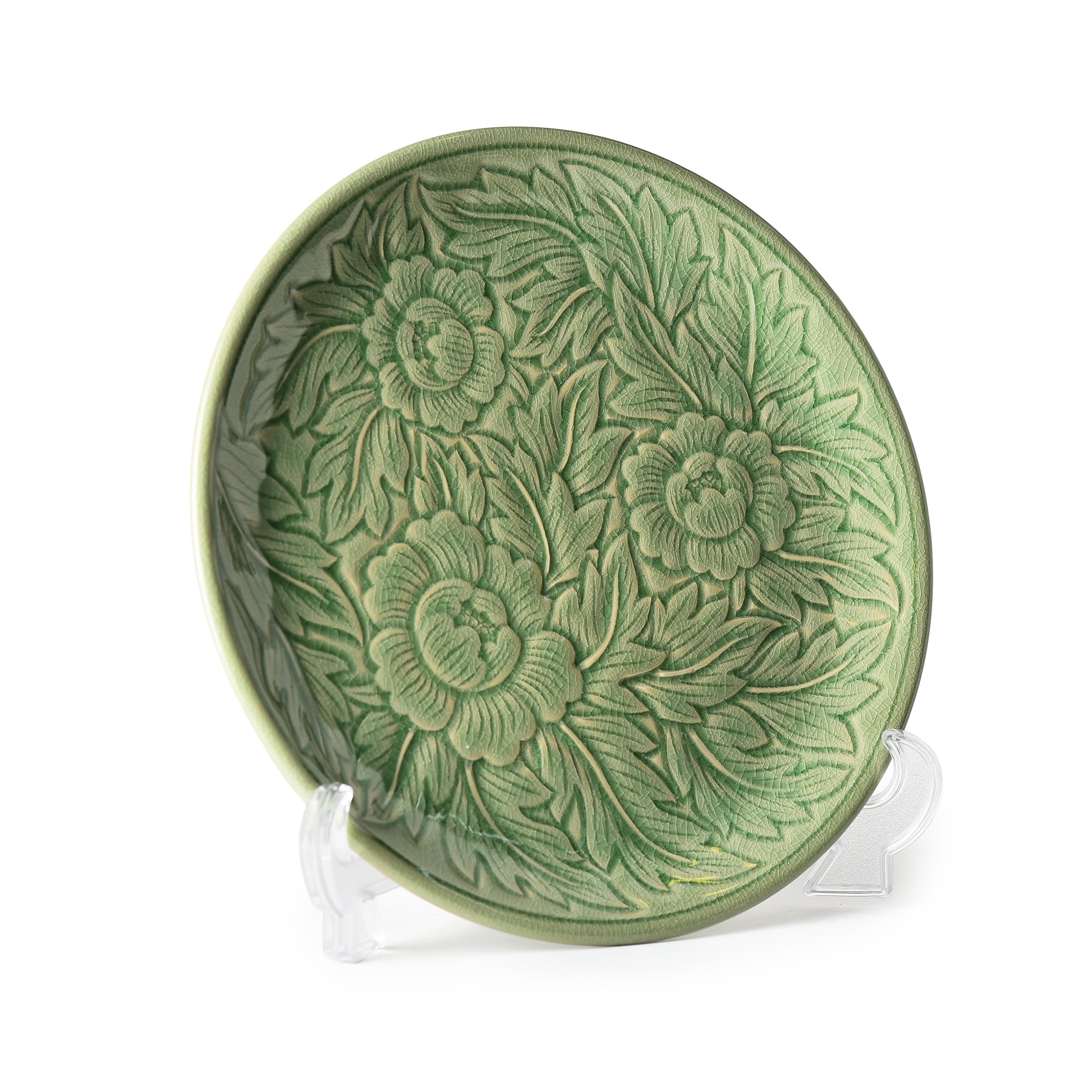 Celadon Carved Botan Flower Design Display Plate Celadon Carved Botan Flower Design Display Plate
