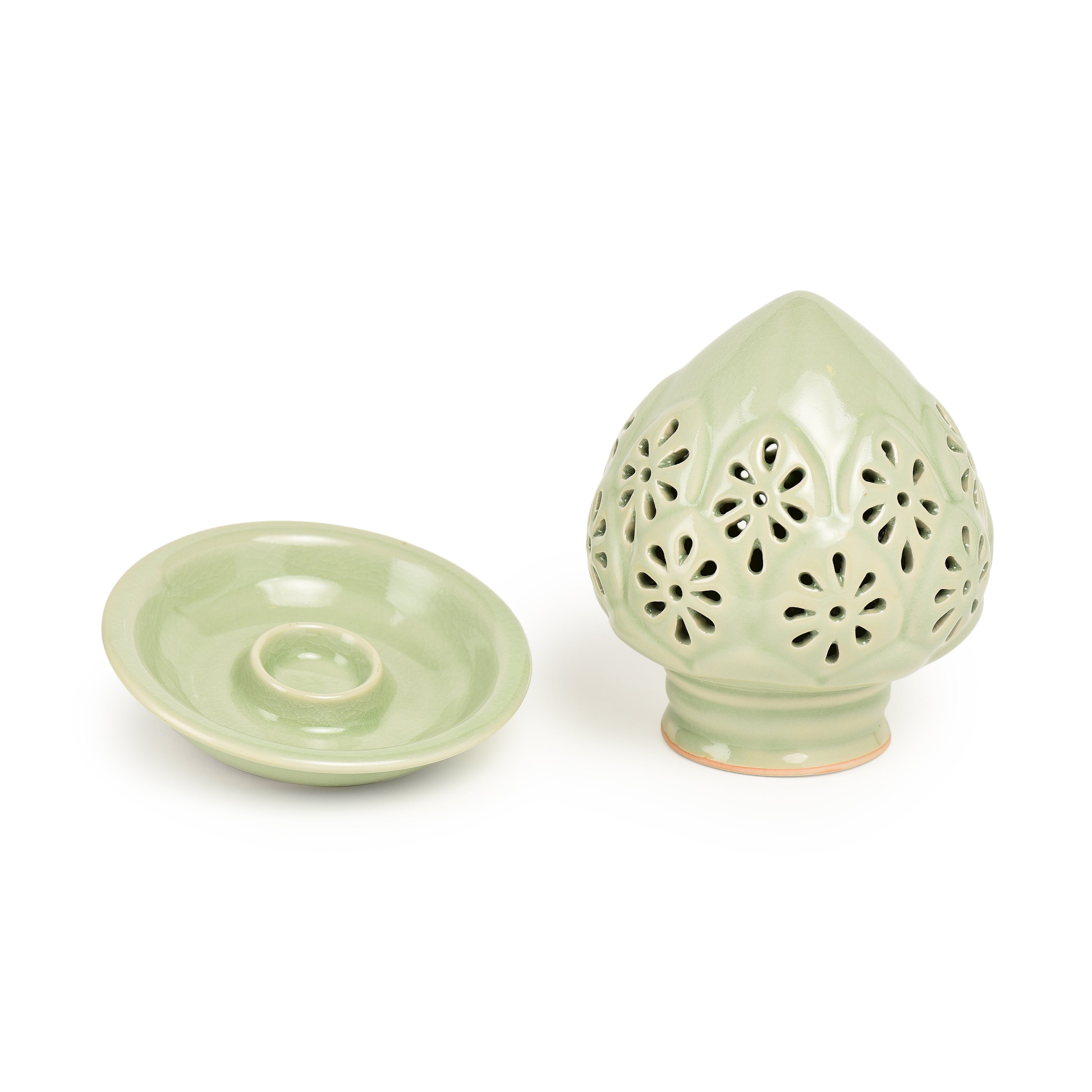 Celadon Jade Green Lotus Bud Covered Candle Holder Celadon Jade Green Lotus Bud Covered Candle Holder