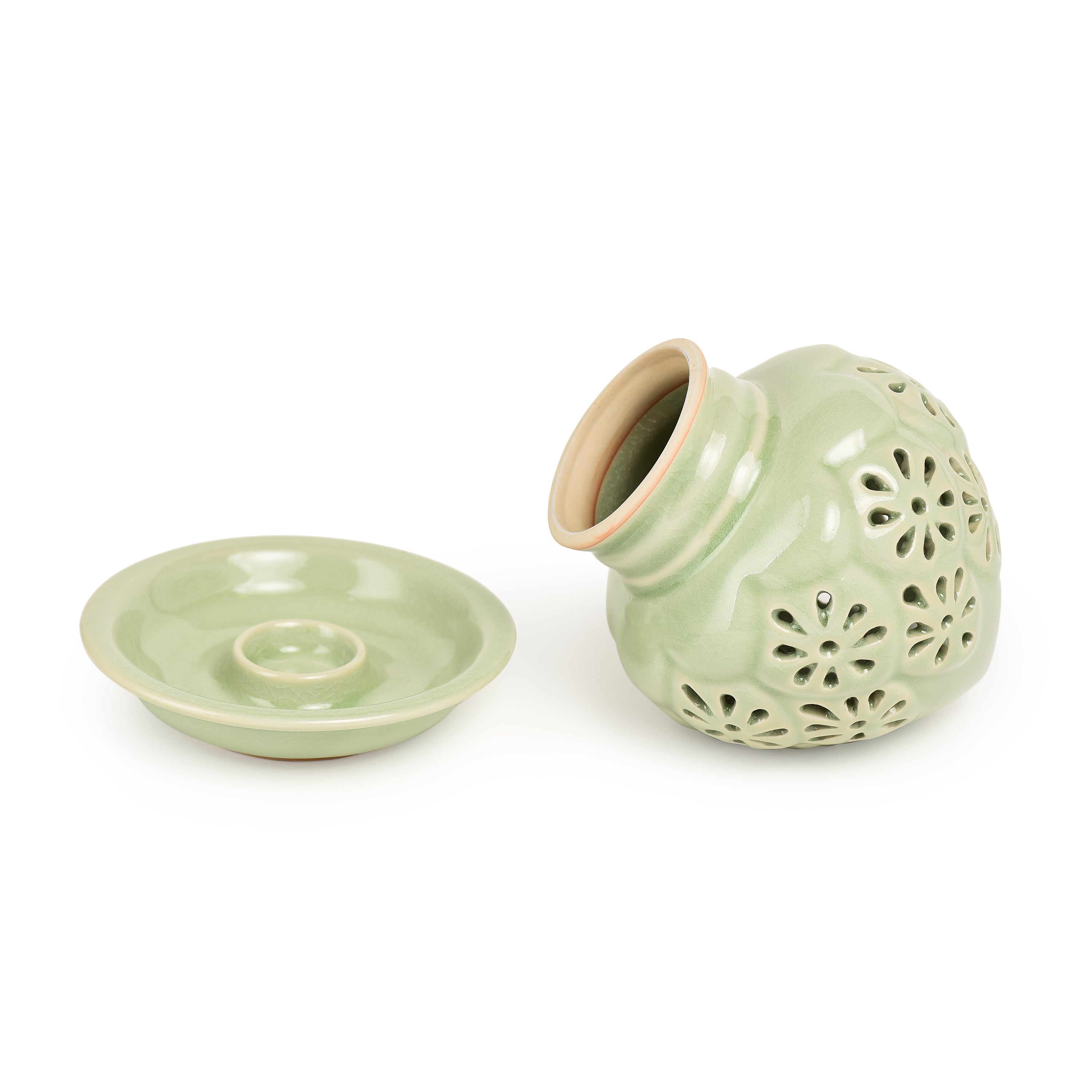 Celadon Jade Green Lotus Bud Covered Candle Holder Celadon Jade Green Lotus Bud Covered Candle Holder