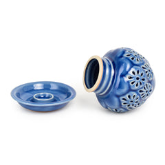Celadon Cobalt Blue Lotus Bud Covered Candle Holder