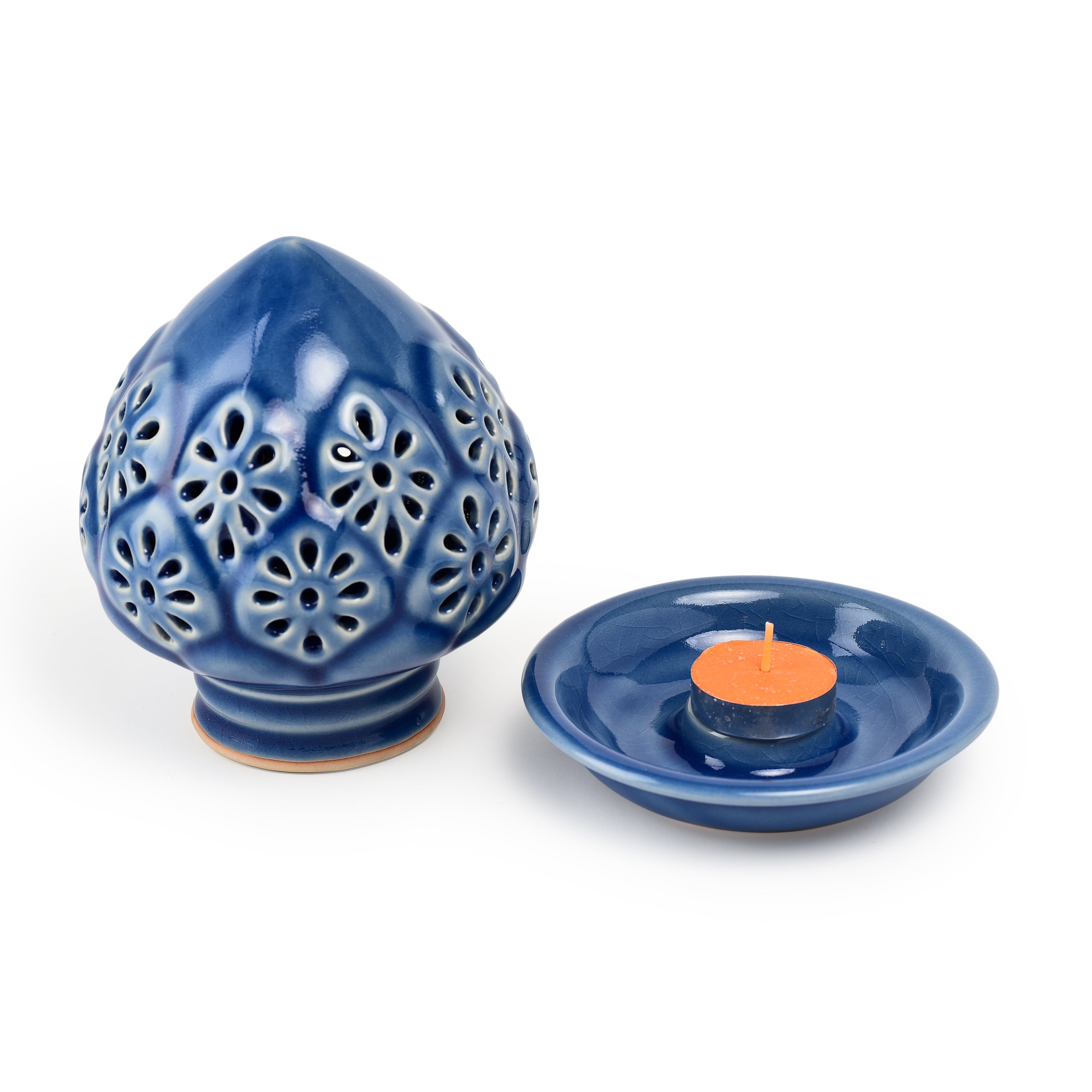 Celadon Cobalt Blue Lotus Bud Covered Candle Holder Celadon Cobalt Blue Lotus Bud Covered Candle Holder