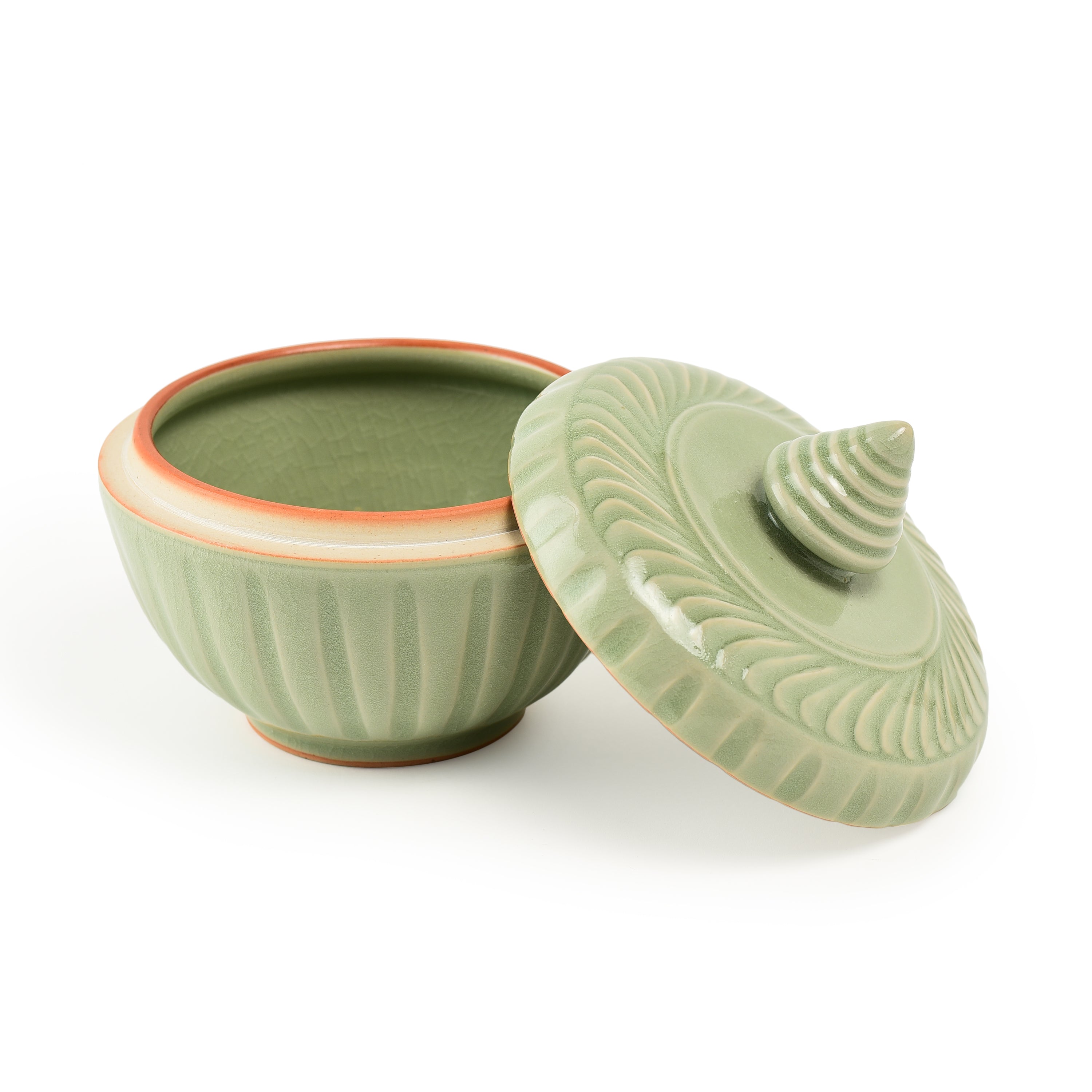 Celadon Covered Display Bowl With Spire Finial Celadon Covered Display Bowl With Spire Finial