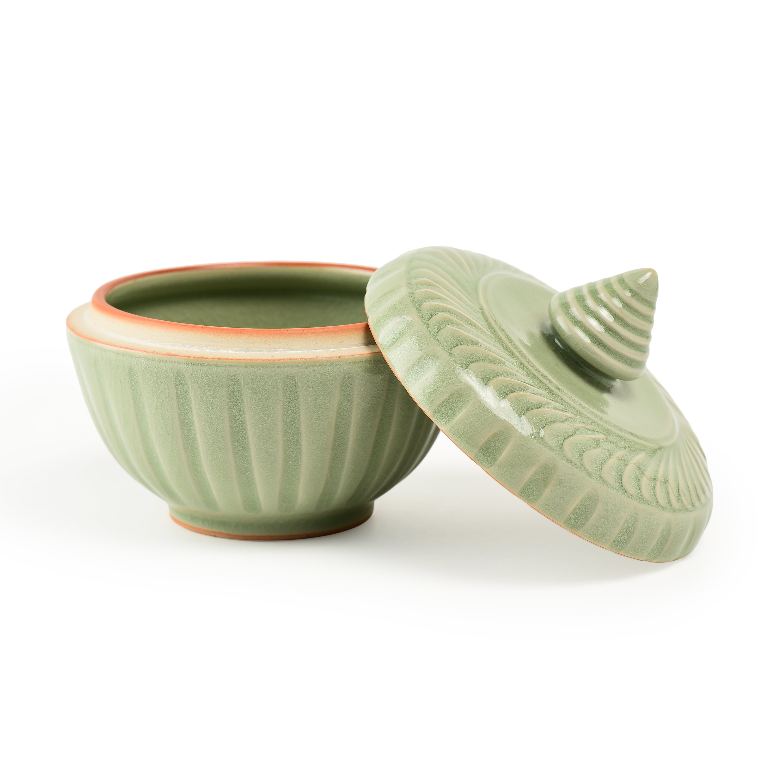 Celadon Covered Display Bowl With Spire Finial Celadon Covered Display Bowl With Spire Finial