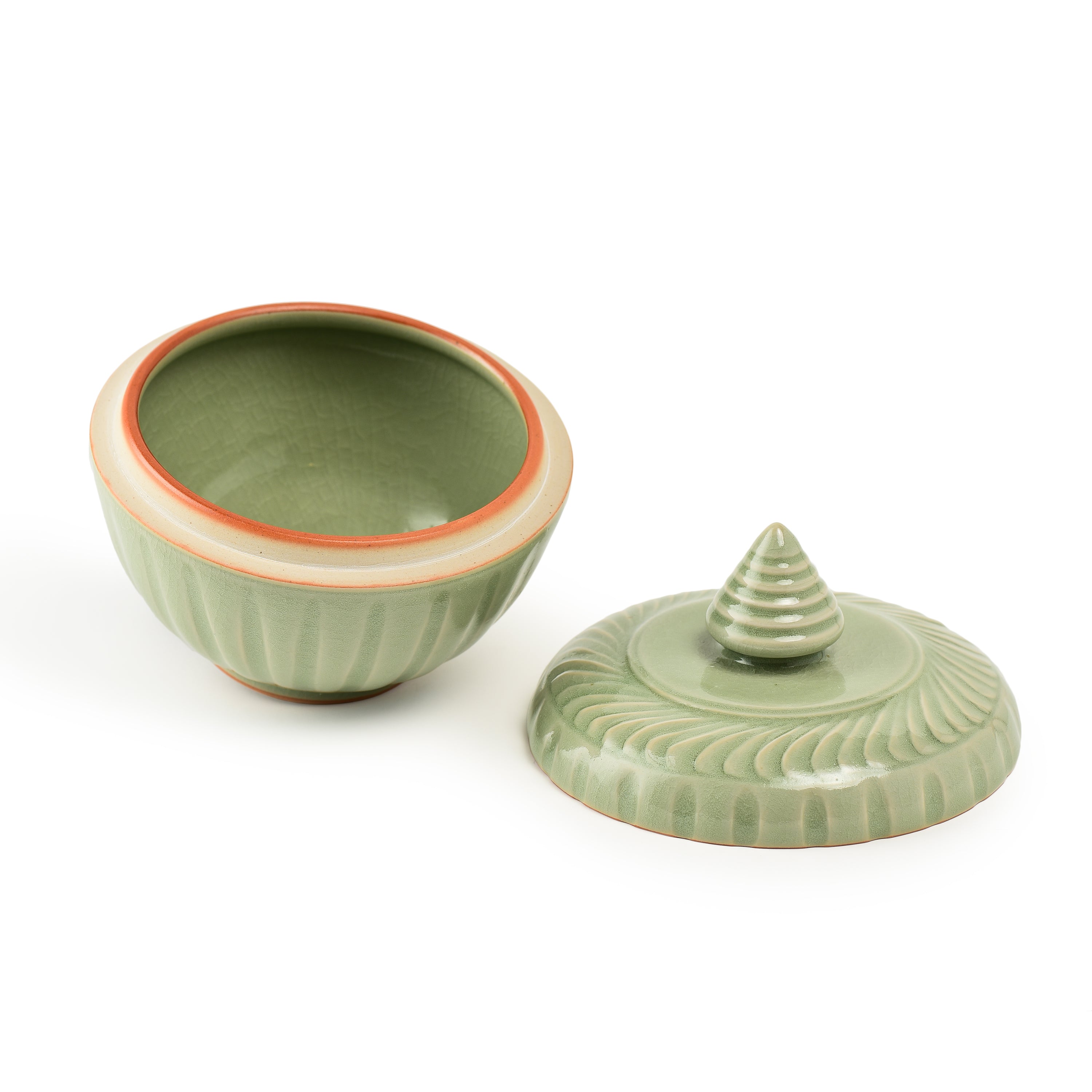 Celadon Covered Display Bowl With Spire Finial Celadon Covered Display Bowl With Spire Finial