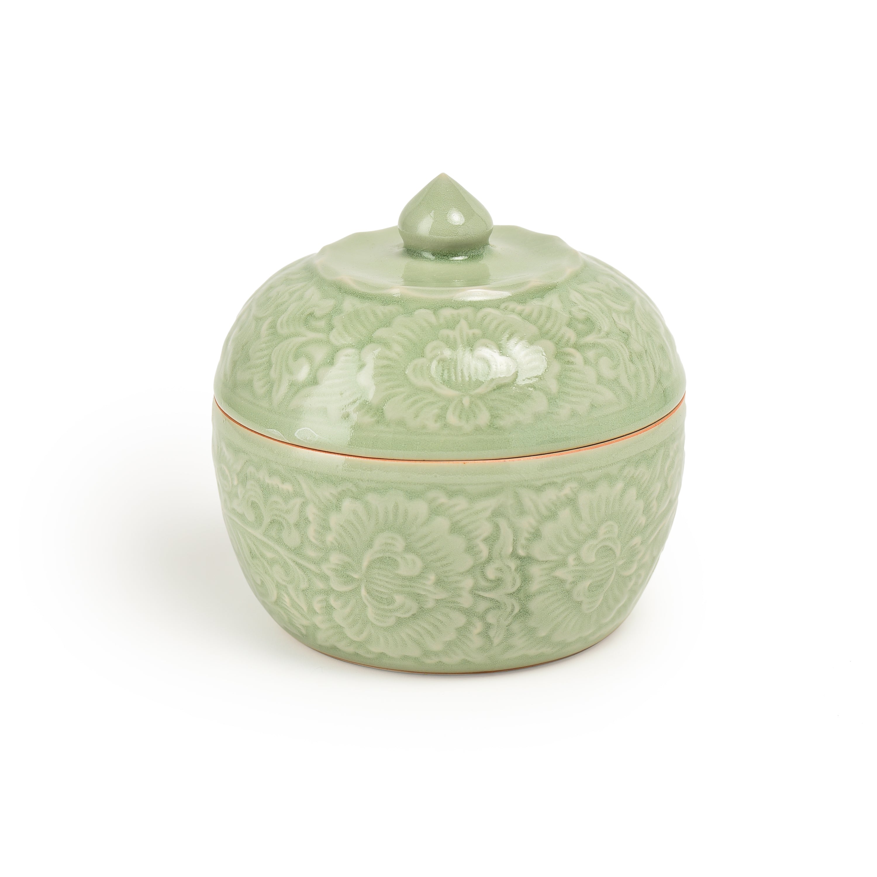 Celadon Covered Display Bowl With Peony Design Celadon Covered Display Bowl With Peony Design