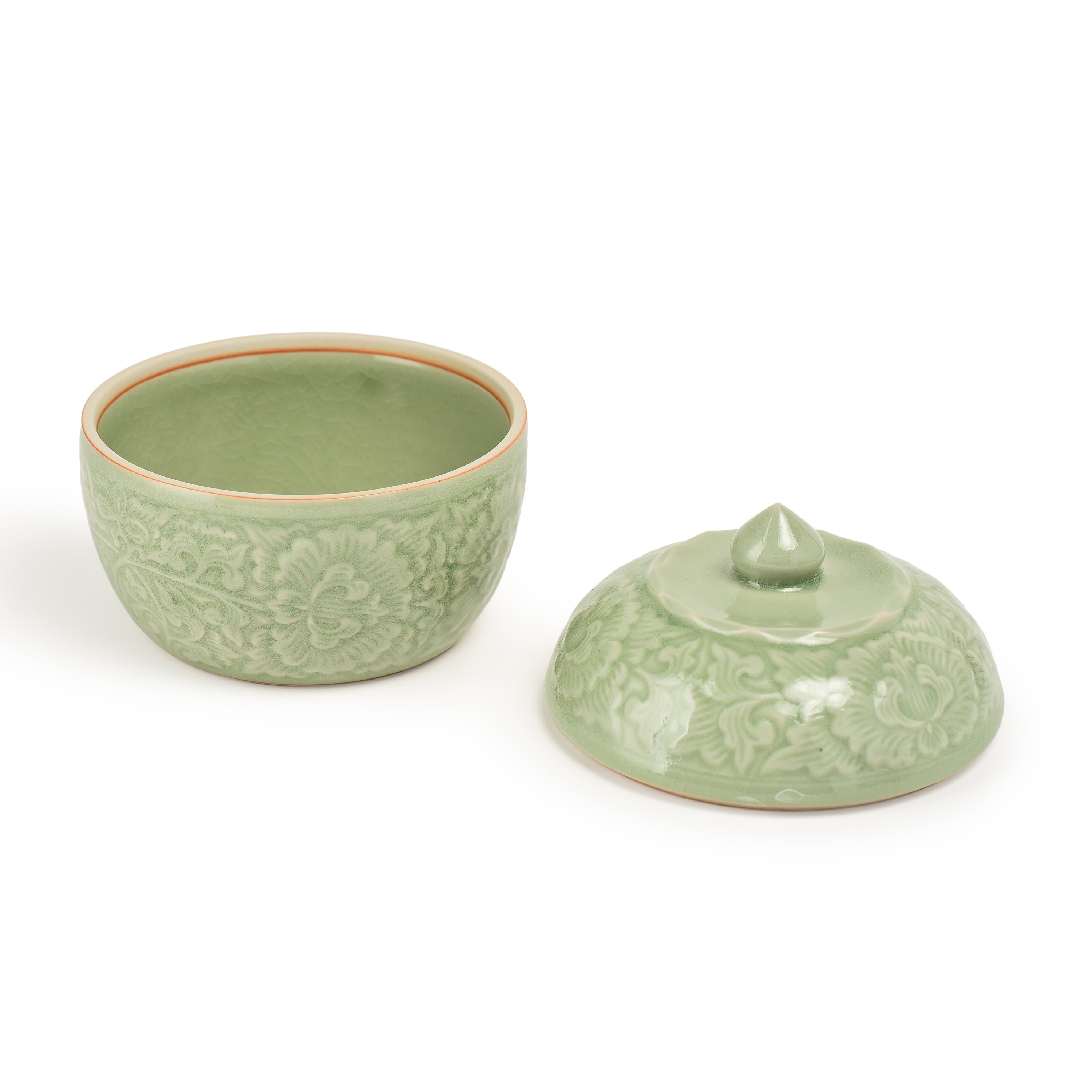 Celadon Covered Display Bowl With Peony Design Celadon Covered Display Bowl With Peony Design