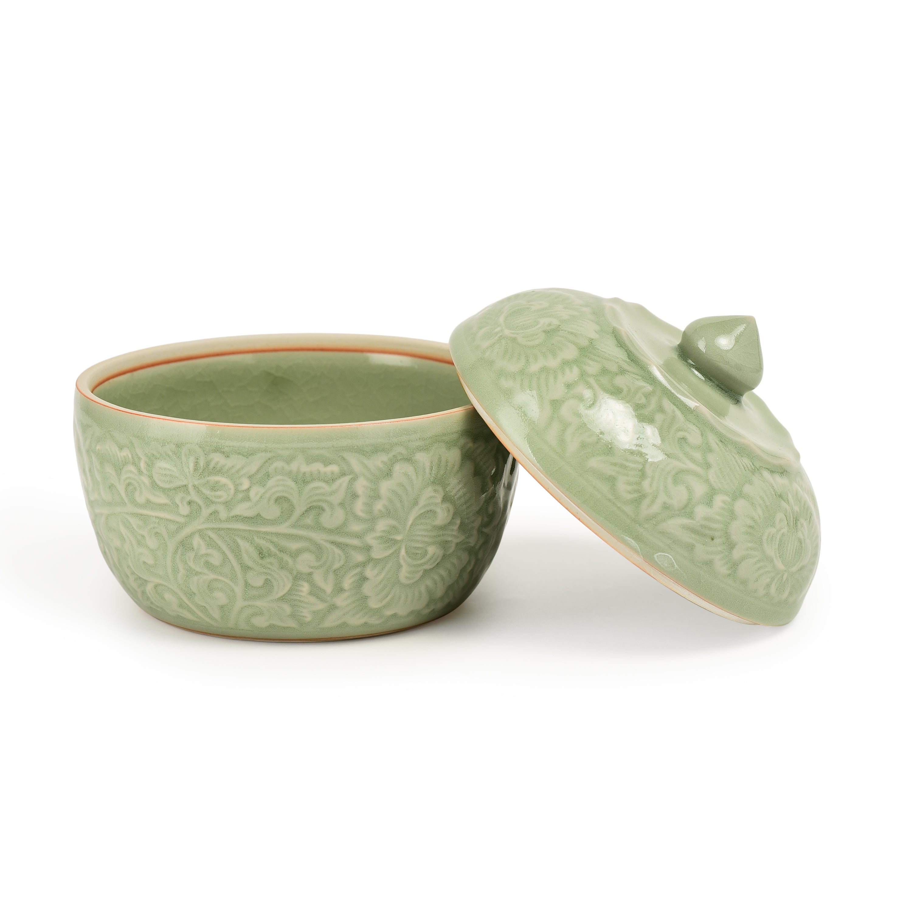 Celadon Covered Display Bowl With Peony Design Celadon Covered Display Bowl With Peony Design
