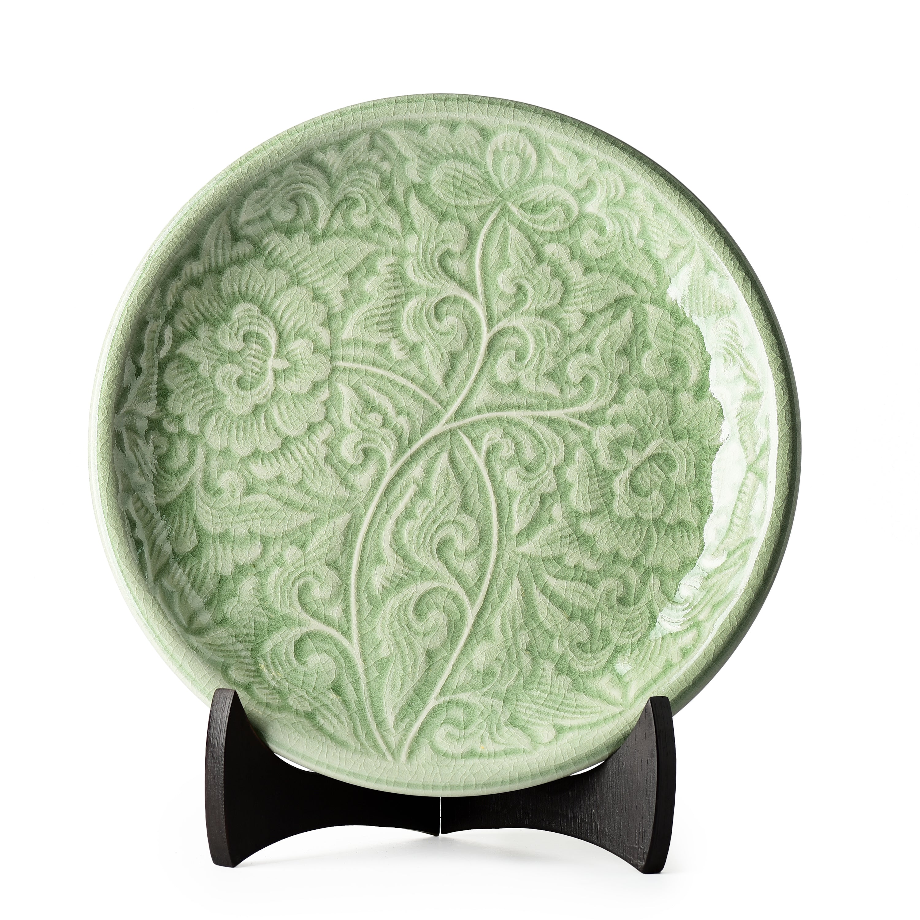 Celadon Carved Floral Display Plate Peony Design Celadon Carved Floral Display Plate Peony Design