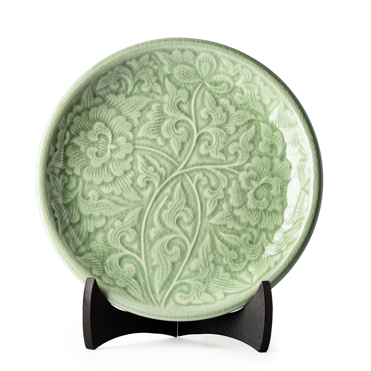 Celadon Carved Floral Display Plate Peony Design