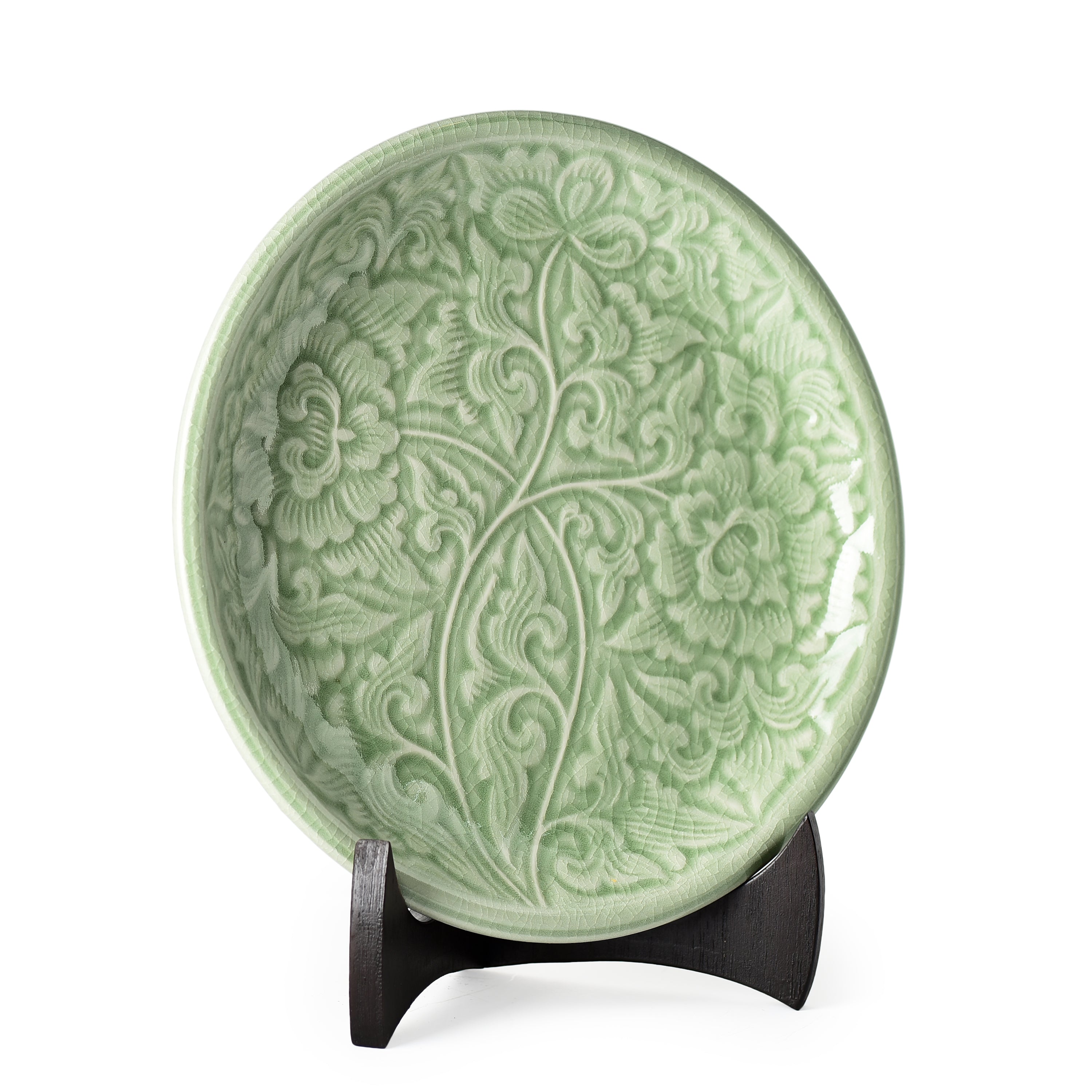 Celadon Carved Floral Display Plate Peony Design Celadon Carved Floral Display Plate Peony Design