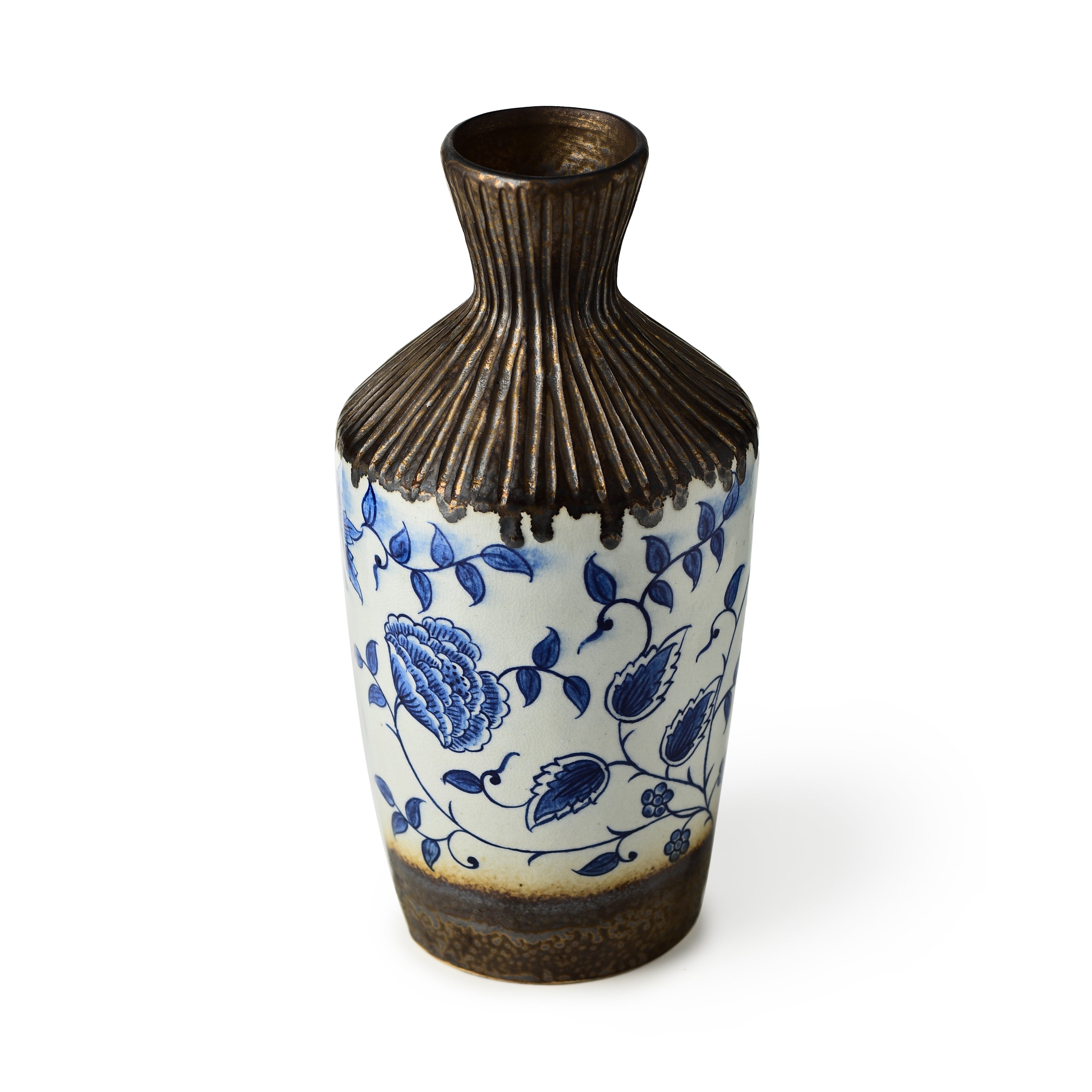 Stoneware Floral Vase With Gold Tinge Finish With Small Motifs