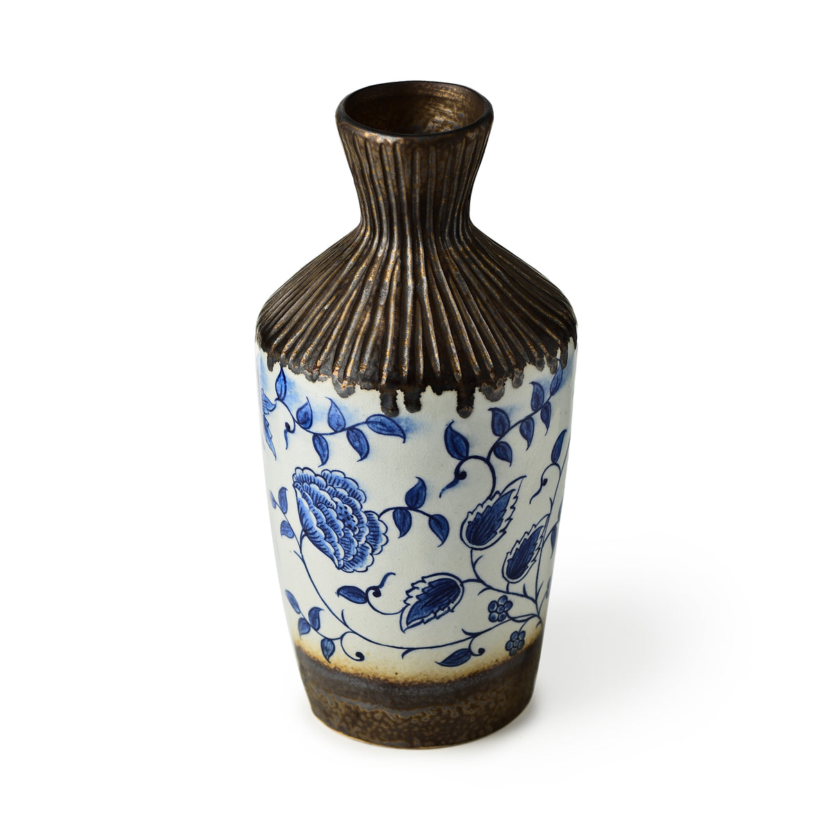 Stoneware Floral Vase With Gold Tinge Finish With Small Motifs