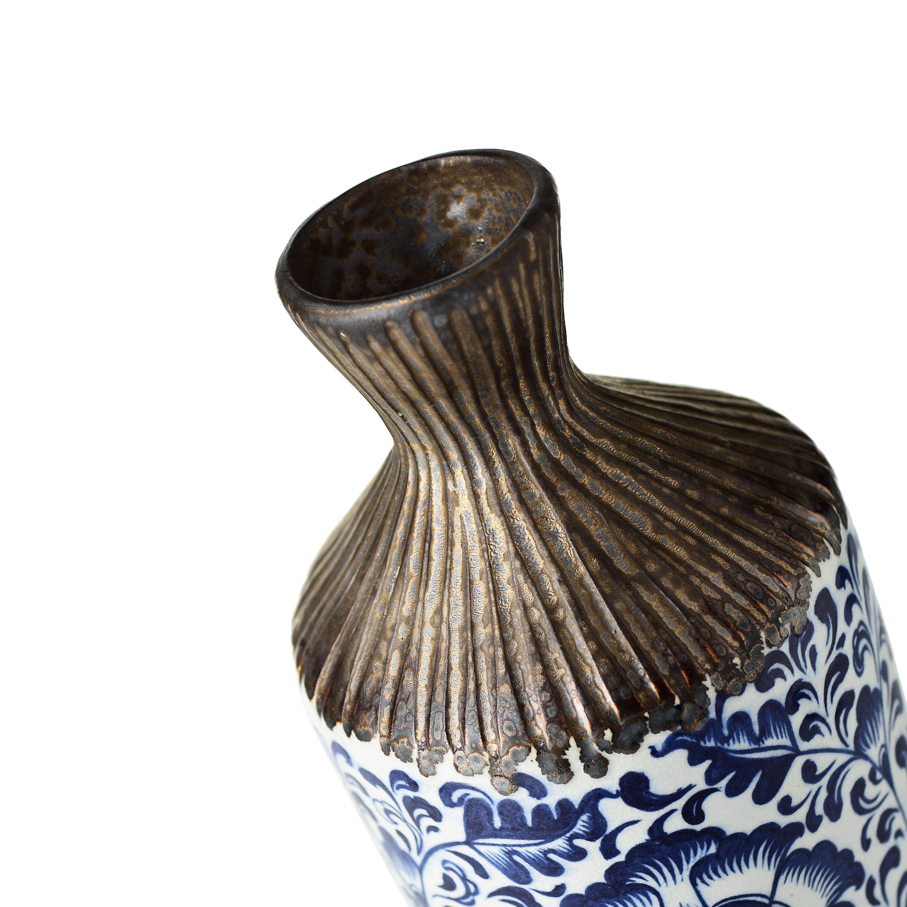 Stoneware Floral Vase With Gold Tinge Finish With Large Motifs