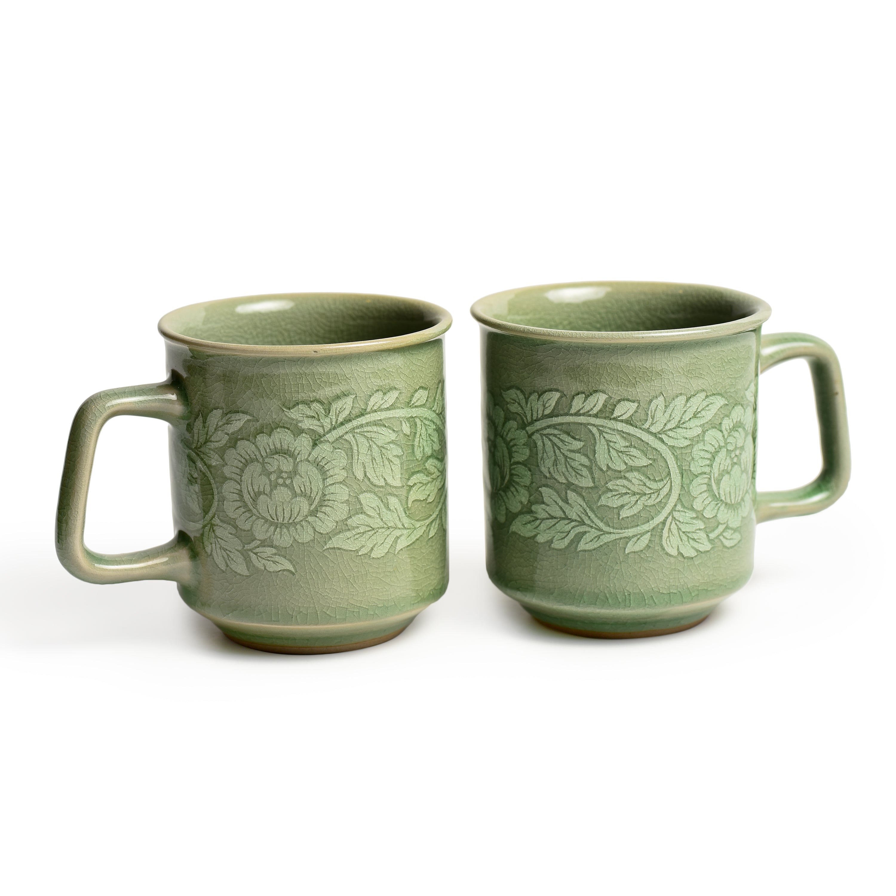 Celadon Botan Flower Design Set of Two Coffee Mugs