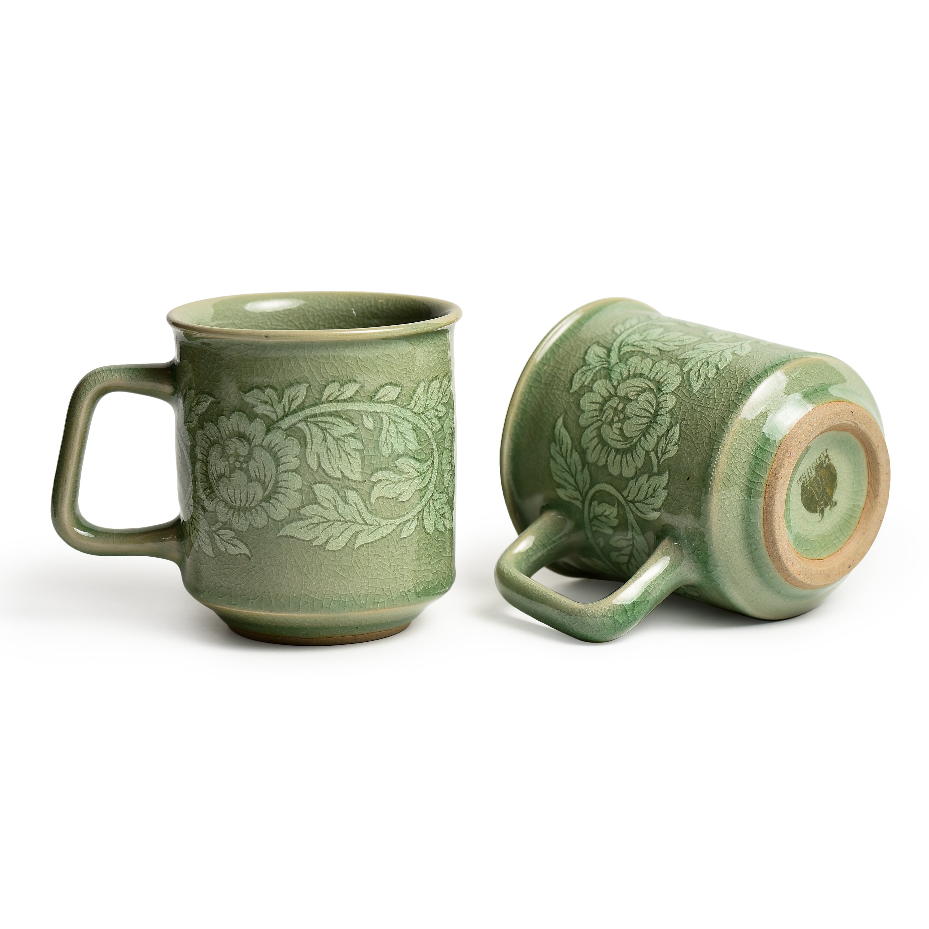 Celadon Botan Flower Design Set of Two Coffee Mugs