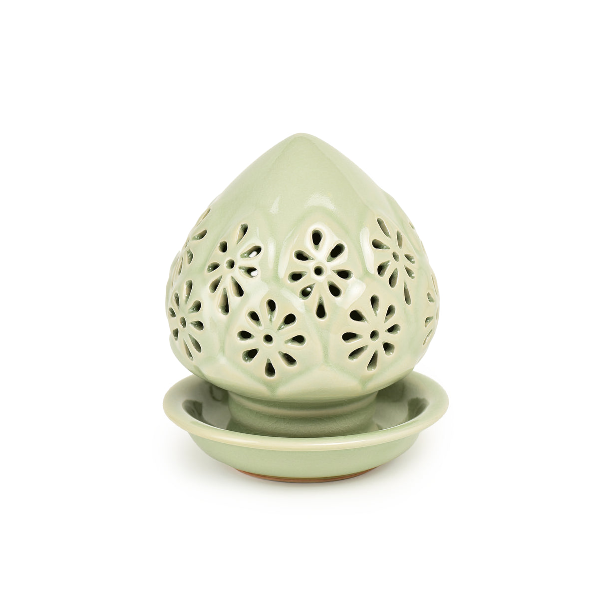 Celadon Jade Green Lotus Bud Covered Candle Holder