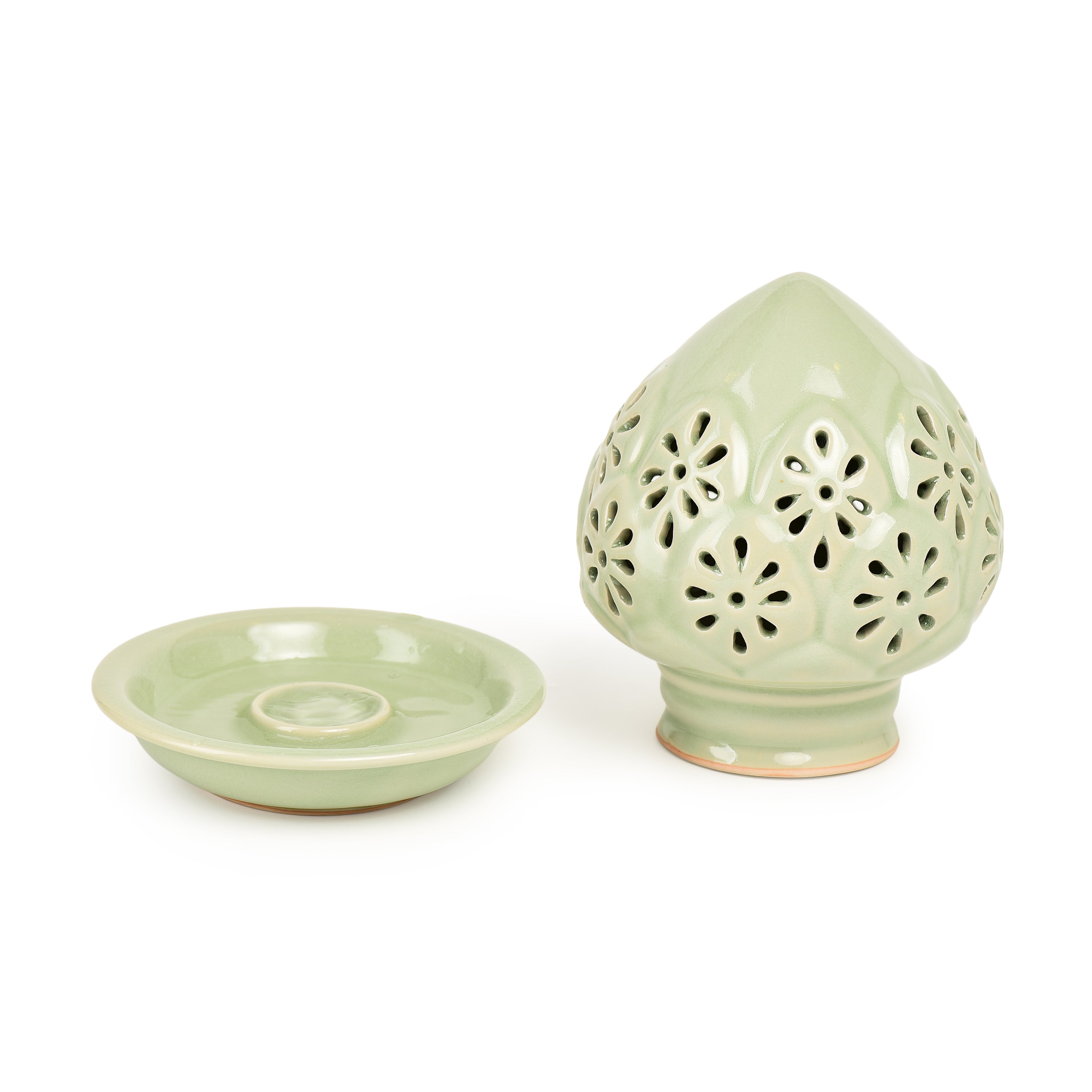 Celadon Jade Green Lotus Bud Covered Candle Holder