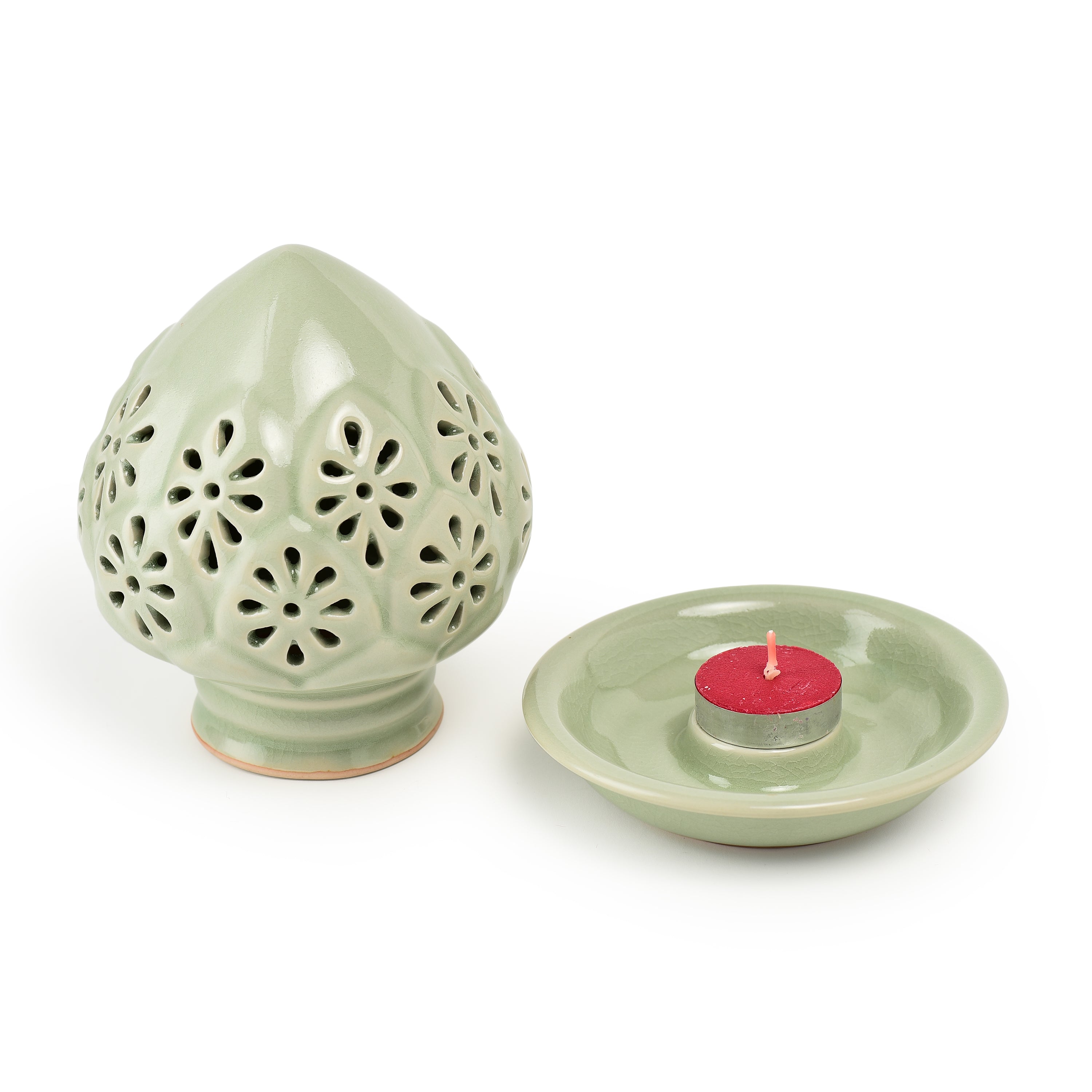 Celadon Jade Green Lotus Bud Covered Candle Holder