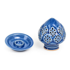Celadon Cobalt Blue Lotus Bud Covered Candle Holder