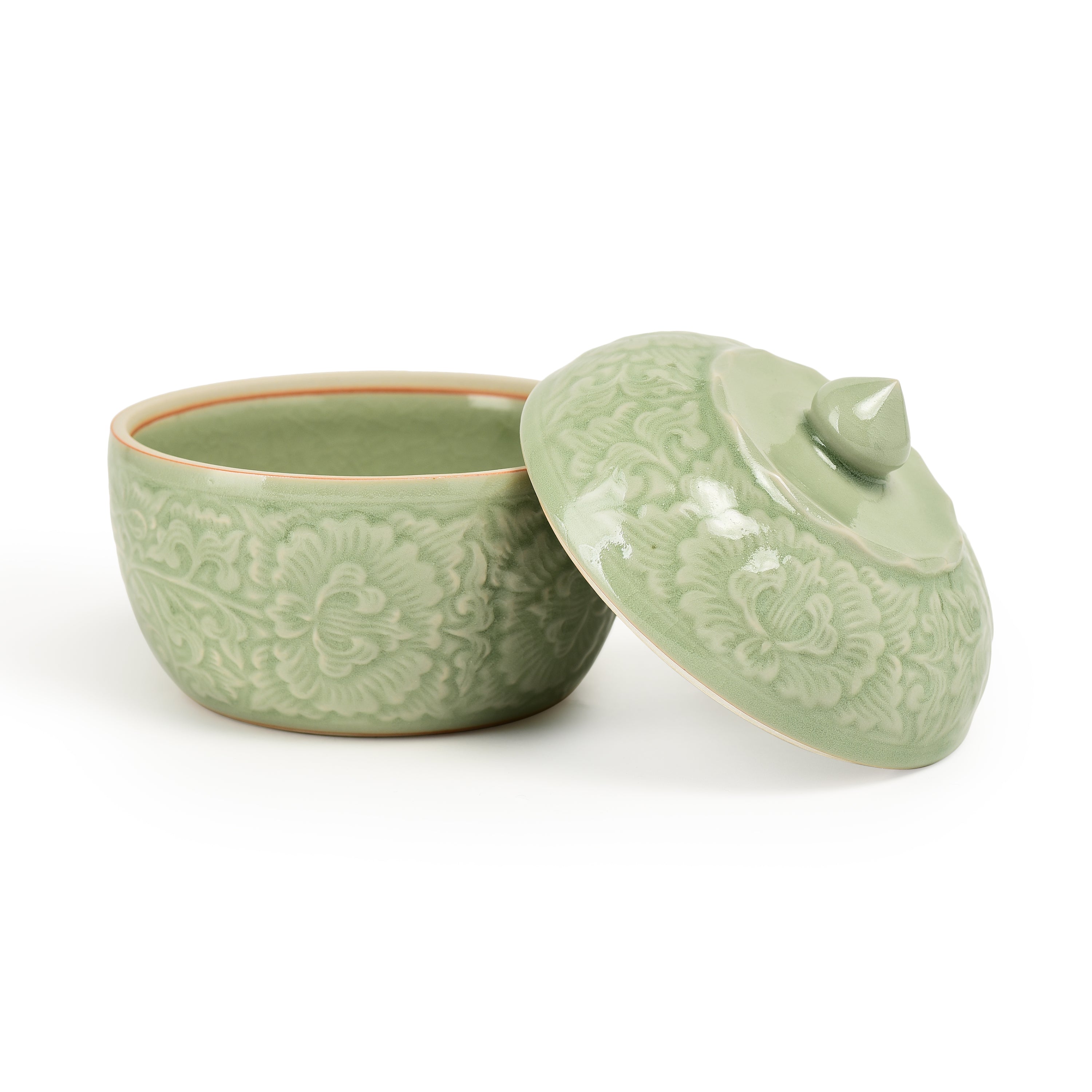 Celadon Covered Display Bowl With Peony Design