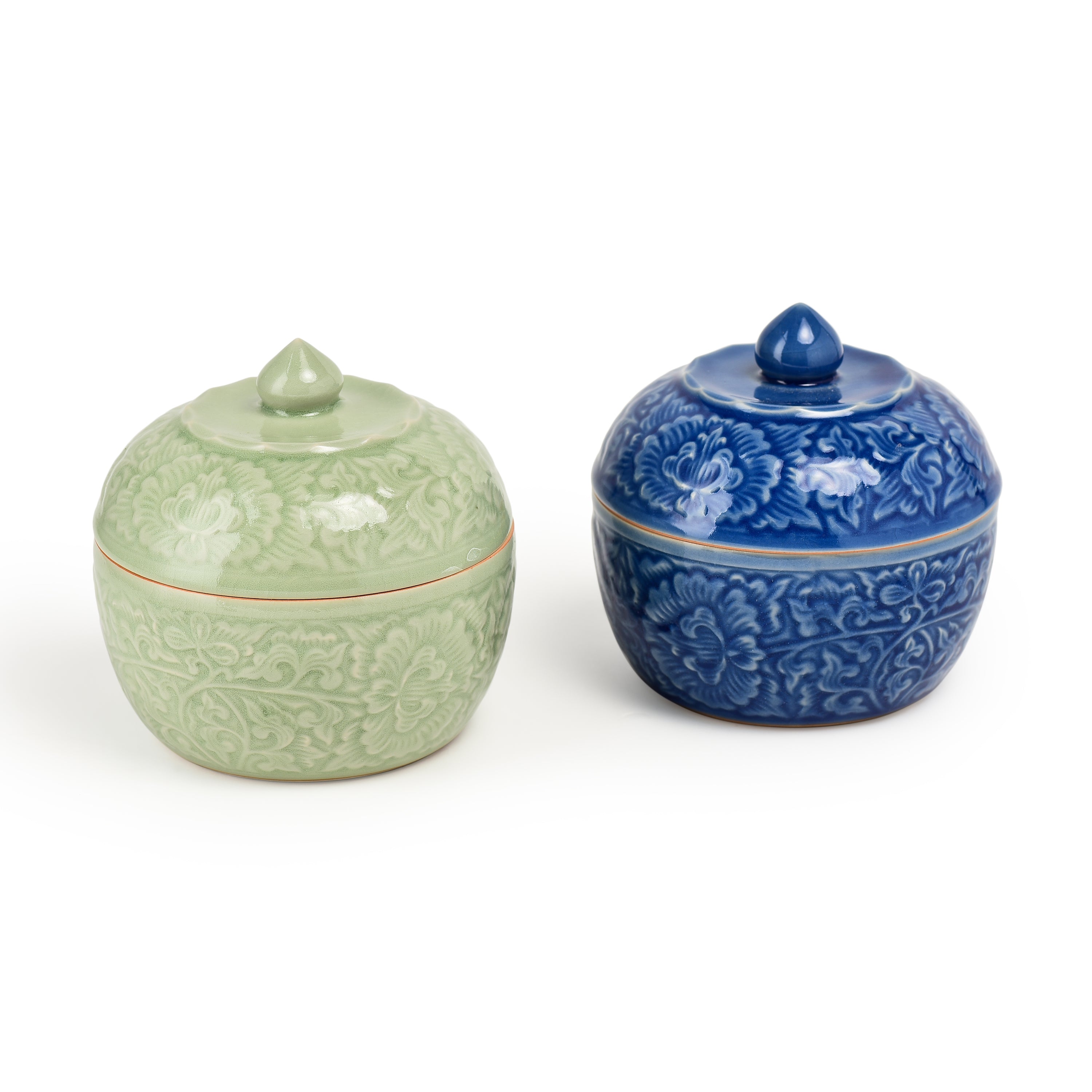 Celadon Covered Display Bowl With Peony Design