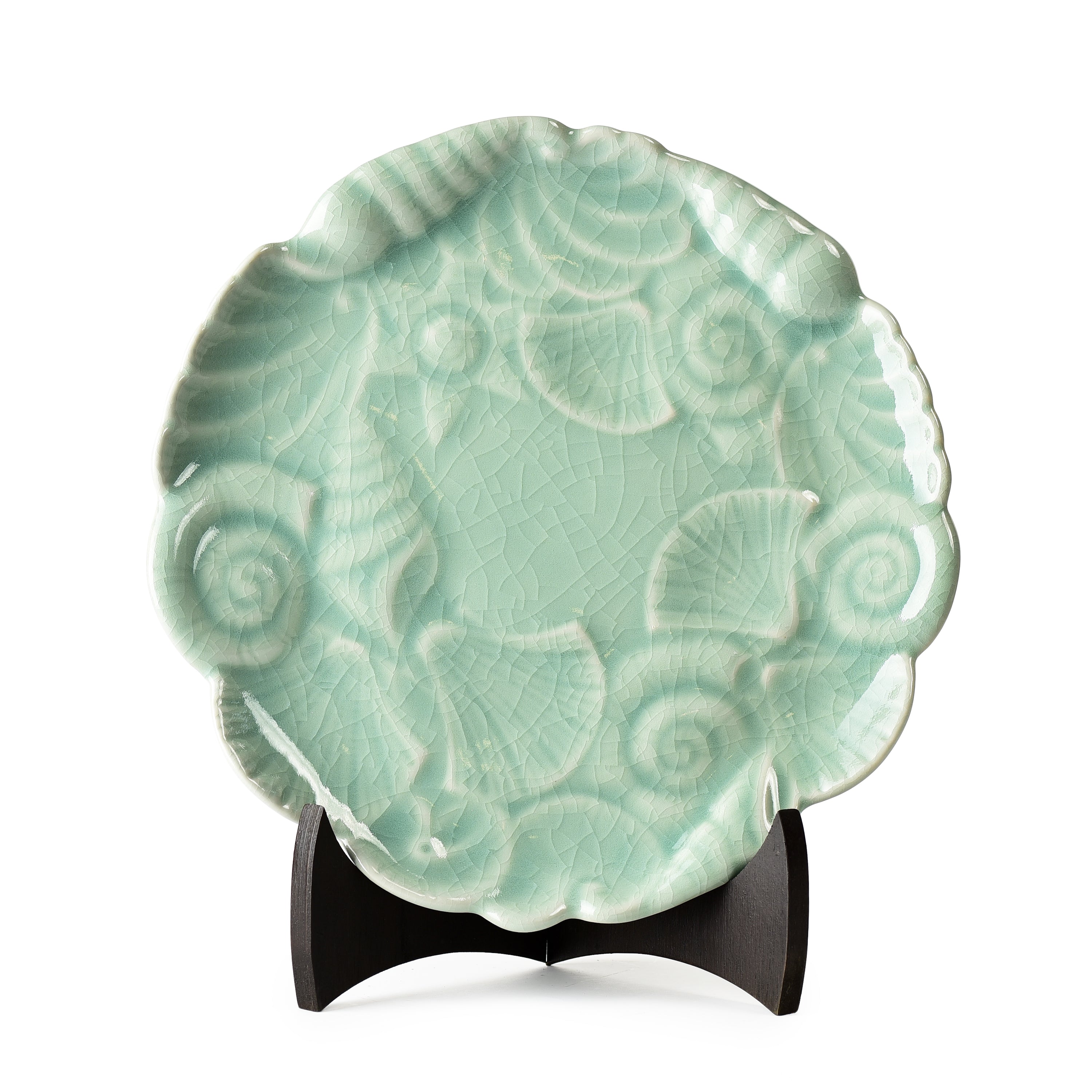 Celadon Carved Display Plate Scalloped Design